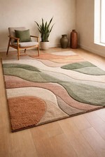 Modern Abstract Hand Tufted Area Rug in Sage Green Terracotta & Beige, High Low picture