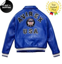 Mens Avirex Blue Real Bomber American Flight Jacket Leather Jacket FAST SHIPPING picture