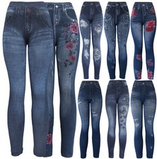 Womens Denim Print Fake Faux Jean Leggings Pants Stretch Leggings Floral Classic picture