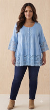 NWT Roaman’s Womens Light Blue Lace Yoke Sleeve Button Up Top Size 20W picture