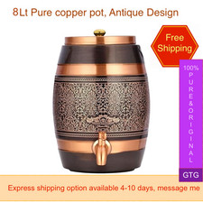 Pure Copper Water Dispenser Pot, Antique Engraved Barrel 8 Lt Countertop picture