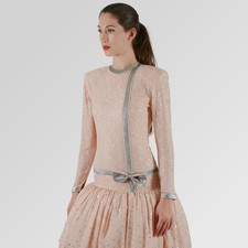Vintage 1980s Lily Ruben Pink Silk Bubble Dress Sequins Mother of Pearl Beads picture