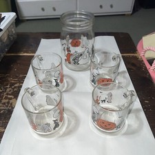 VTG CARLTON Glass 1L Halloween Jar & 4 Luminarc Mugs Trick Or Treat Parade  picture