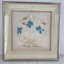 Vintage Framed Goose Embroidery Art Three White Geese Blue Bows Cottagecore picture
