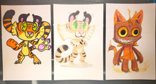 Original Hand-Drawn Cartoon Cat & Tiger Character Drawings Lot of 3 on Paper picture
