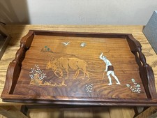 Rare Vintage Inlaid Marquetry Serving Tray - Beautiful Pastoral Scene picture