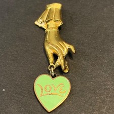 Vintage Gold Tone Victorian Hand Brooch Green Enamel Love Heart Dangle Pin picture