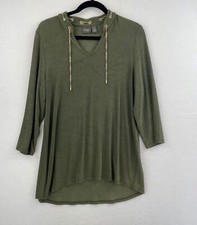 Chicos Travelers 1 Slinky Top Blouse Green Gold Chain Tassel 3/4 Sleeve  A2-12 picture