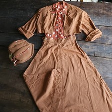 Vintage 1930s 4 Piece Set Skirt Bolero Polka Dot Blouse Hat Terracotta Orange picture