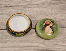 Genuine Early 1900s Antique Edwardian Hand-Painted Porcelain Trinket Powder Box picture