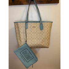 Coach F36658 Reversible City Tote Bag Signature Vinyl & Leather w/ Pouch - Teal picture