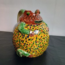 Vtg Hand Painted Folk Art Majolica Style Frog Pitcher Jug Toad Colorful Red Clay picture