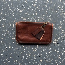 Vintage Coach Mahogany Brown Leather Cosmetic Case Zip Pouch Ticking Stripe picture
