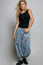 POL Clothing Striped Denim Drawstring Waistband Jeans Pants picture