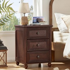 18 Farmhouse Nightstand Charging Station USB Walnut 3 Drawers Wood Bedside Table picture