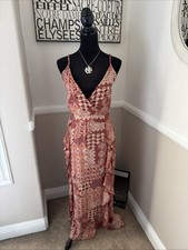 NWT Angie Boho Cottage Floral Smocked Wrap Plunge Front Maxi Dress Brown $78 M picture