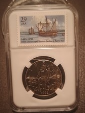 1992 D Columbus UNC Clad Half Dollar Commemorative Coin ENCASED w Matching Stamp picture