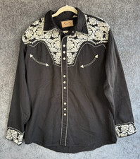 Scully Retro Western Snap Shirt Mens L Black Silver Floral Tooled Embroidery picture