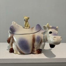 2004 American Retro Purple Cow Cookie Jar Winking Kitten Lid McCoy Reproduction picture