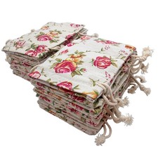 Lot of 24 Rose Drawstring Bags Burlap Flower Pouch Bags Linen Gift Bags Flora... picture