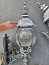 2 Antique Cast Iron & Glass Architectural Wall Lamp Light Sconces picture