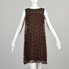 Medium 1960s/1970s Brown Dress Sheer Floral Lace Overlay Chocolate Shift Dress picture