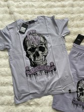 Avenue George V Paris Short Set Men's Purple 2 piece set Rhinestone Skull 3XL picture