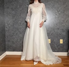 Vintage 1970s Empire Waist Lace Wedding Gown — Bishop Sleeves - Size 0/2 picture