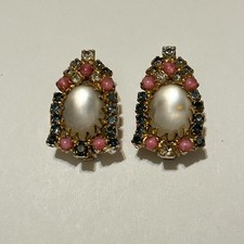 Vintage Signed HOBE Clip On Earrings Pink Blue Glass Rhinestones Lucite picture