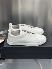  Men's Zegna Triple Stitch White Leather Slip On Casual Sneakers picture
