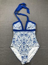 Boden Swimsuit Womens 8 Blue Floral Halter One Piece Triangle Lined Stretch NWT picture