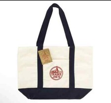 Trader Joe’s LARGE Reusable Heavy Canvas Shopping Bag, Off White & Navy Blue picture