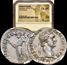 81-96 AD Domitian As Augustus Ancient Roman Silver Denarius Coin NGC Choice XF picture