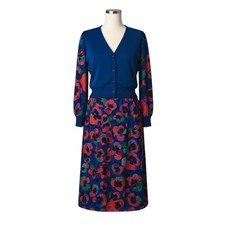 Vintage 80s Anthony Sicari Knit Cardigan Skirt Set Blue Floral Dress Outfit 10 picture