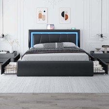 Full/Queen Bed Frame with  Upholstered LED Headboard＆4 Storage Drawer, Charging picture