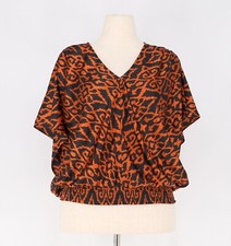 NWT CHICO'S $90 Satin Ikat Top Neutral Woven Print Smocked Waist Size 2.5 (L/14) picture