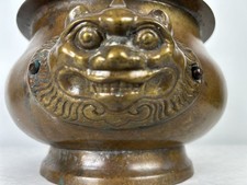 Antique Chinese Bronze Incense Burner Censer Foo Dog Handles Qing Republic Era picture