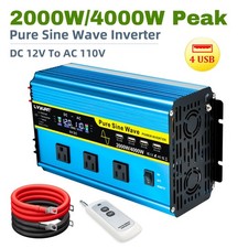 2000W 4000W Pure Sine Wave Power Inverter 12V to 110V 3AC 4USB w/ Remote Used picture