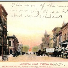 c1900s Waterloo, IA Commercial Street Horses Carriage Postcard Downtown Litho picture