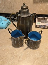 Antique Chinese Turquoise Blue Enameled Copper Cream Pitcher & Sugar Bowl Tea EW picture