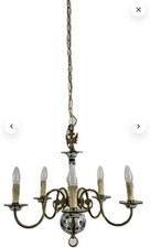 Delft chandelier blue white 5 lights arm brass porcelain vintage Netherlands picture