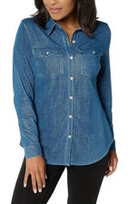 Susan Graver Women's Cool Touch Denim Button Front Shirt Medium Wash picture