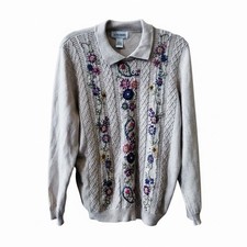 VTG Express TriCot Granny Sweater Sz L Embroidered Hand Knit V-neck Cream picture