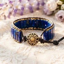 Handmade Lapis Lazuli Brass Sun Charm Wrap Bracelet Throat Chakra Wisdom Gift picture