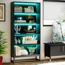 Wooden Black Bookshelf with LED Lights, 5-Tier Modern Bookcase Display Shelf picture