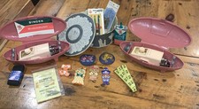 VTG Singer Sewing Lot 2 Pink Clamshell Buttonholers, Ward Baking Co. Tin, Patch picture