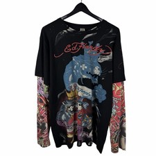Vintage 2000s RARE Ed Hardy Double Layer Tattoo Punk Graphic Shirt Size L picture