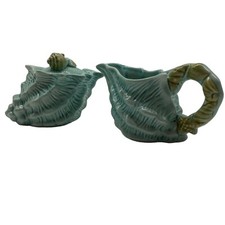 Pier 1 Imports Turquoise Blue Creamer and Sugar Bowl set, Sea Shell Pattern picture