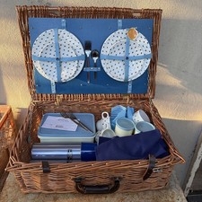 Vintage Brexton Wicker Picnic Basket Set 4 Person 2 Thermos Retro Camping picture