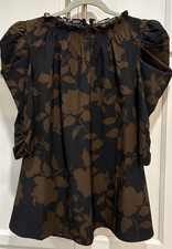 Sugarlips Women’s Black/Brown Floral Muck Ruffle Neck Blouse Size M   Stretch  picture